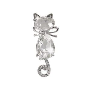 Clear Crystal Cat Brooch Silver Tone